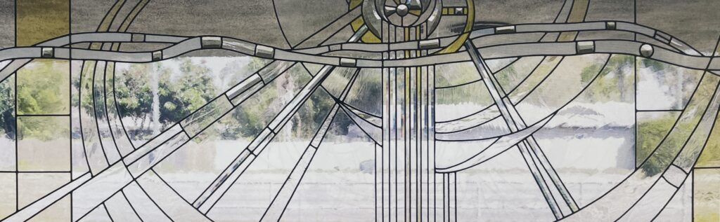 stained glass window of light rays and geometric lines with bevels. 