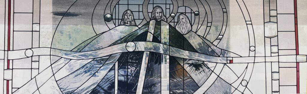 stained glass window with abstract images of james, peter and john. 