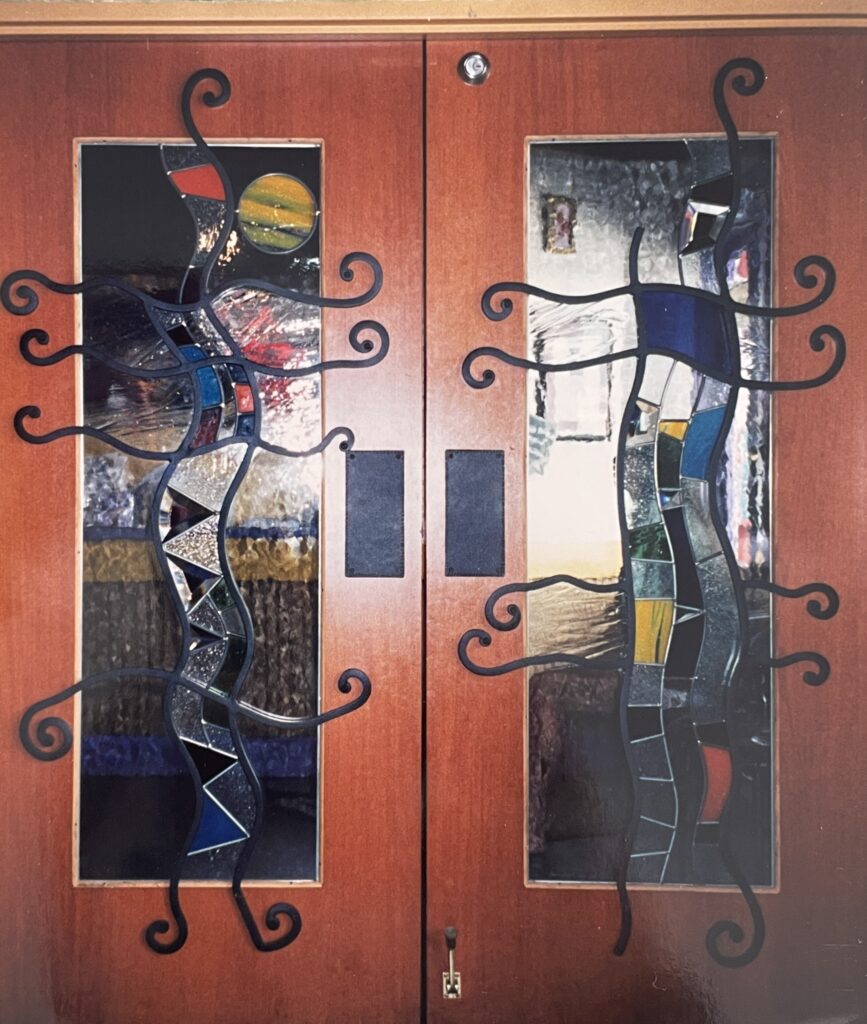 glass and metal door. 