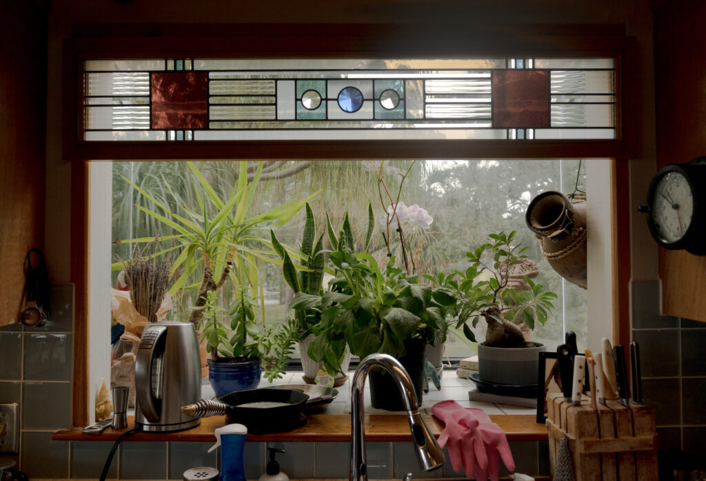 stained glass kitchen valence over sink in Kitchen